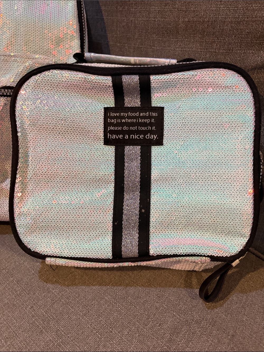 Justice Iridescent & Black Sequin Kids Backpack with lunch box and pouch Set - Picture 3 of 15